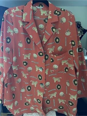 VTG Orange Animal Tiger  Daisy Funky Blazer Jacket Leopard Size M Made In Japan